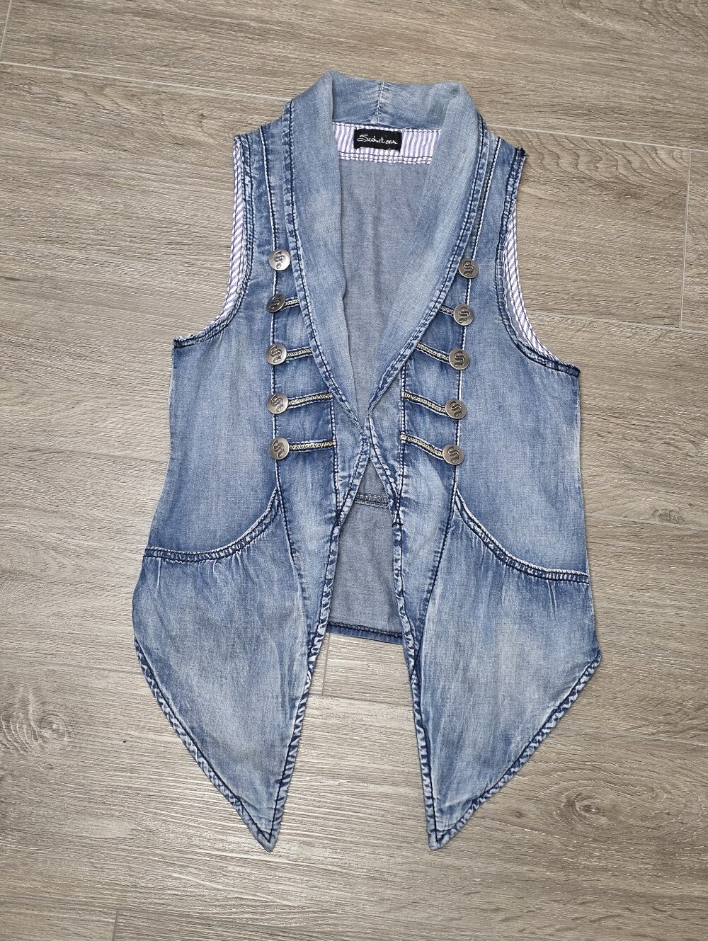 Vintage Y2K? Seductions Jean Vest Woman Sz S Light Acid Wash Open Military Retro